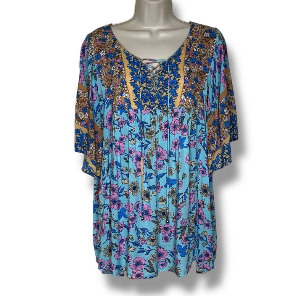 GiGiO Plus Boho Floral Lace Front Tie Flutter Sleeve Top Women 2XL Flowy Rayon